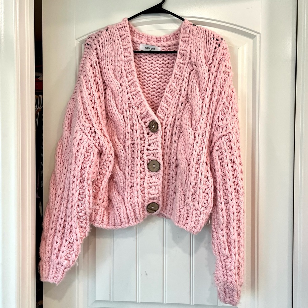 storets Pink Chunky Cable Knit Button Cardigan